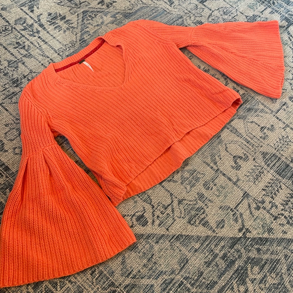 Free People Orange Cable Knit Bell Sleeve Sweater With Slight Crop